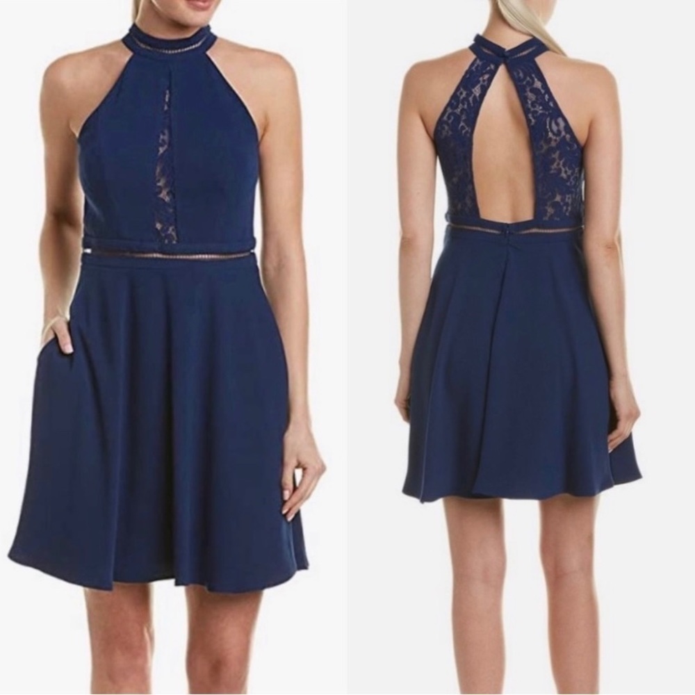 Aidan by Aidan Mattox Navy Blue Lined Lace Back Mini Dress w/Pockets